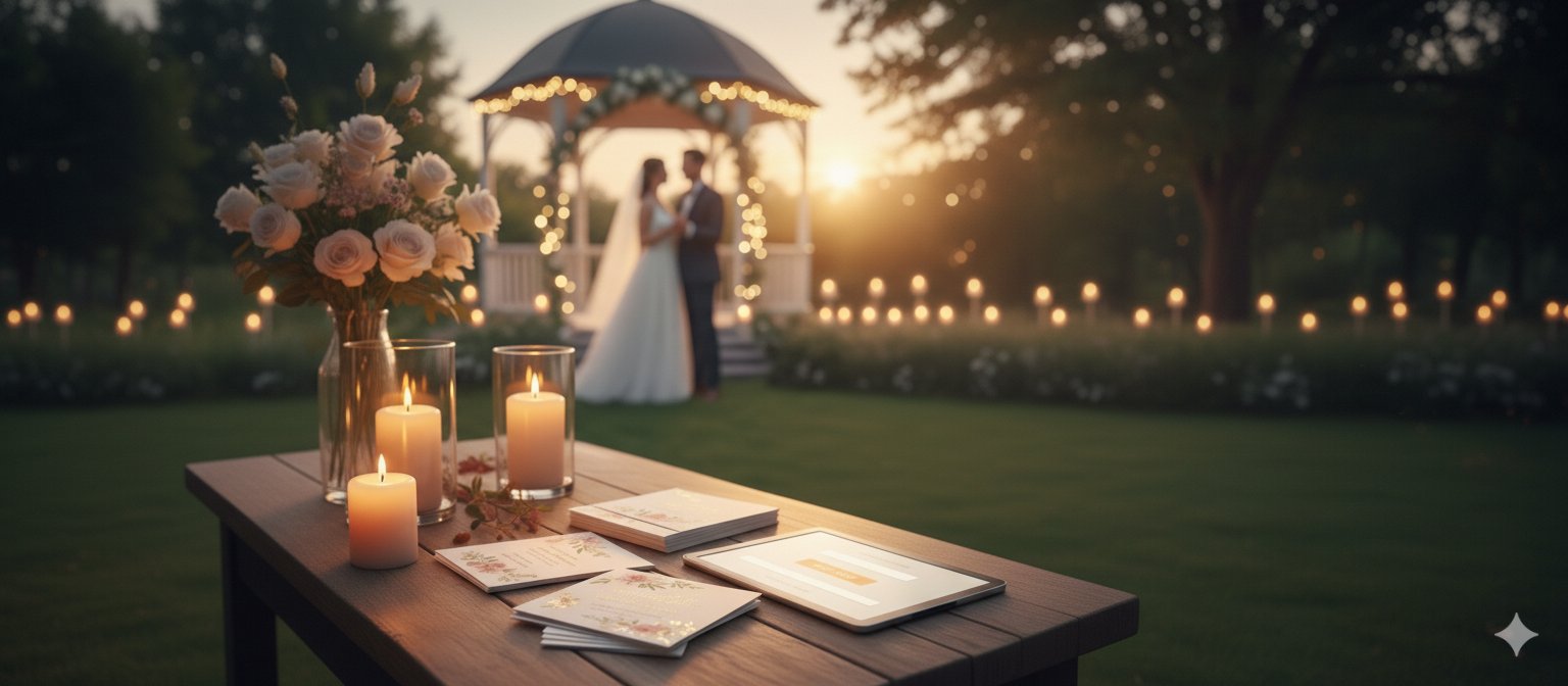 A couple at their sunset wedding ceremony, a rustic table in the foreground with invitation cards, flowers and candles beside a tablet showing the RSVP page